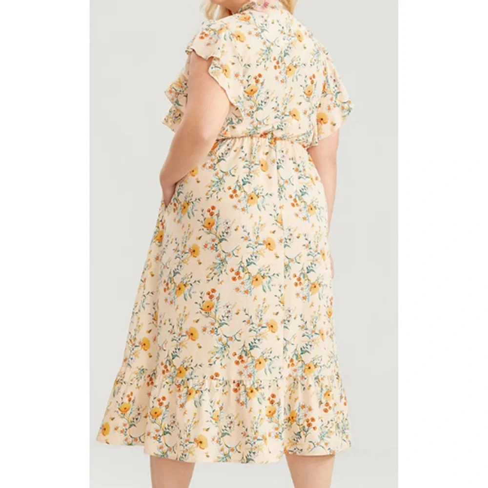 Size 14 - 16 • 1x BloomChic • yellow floral ruffle pleated front midi dress NWT - Picture 2 of 5